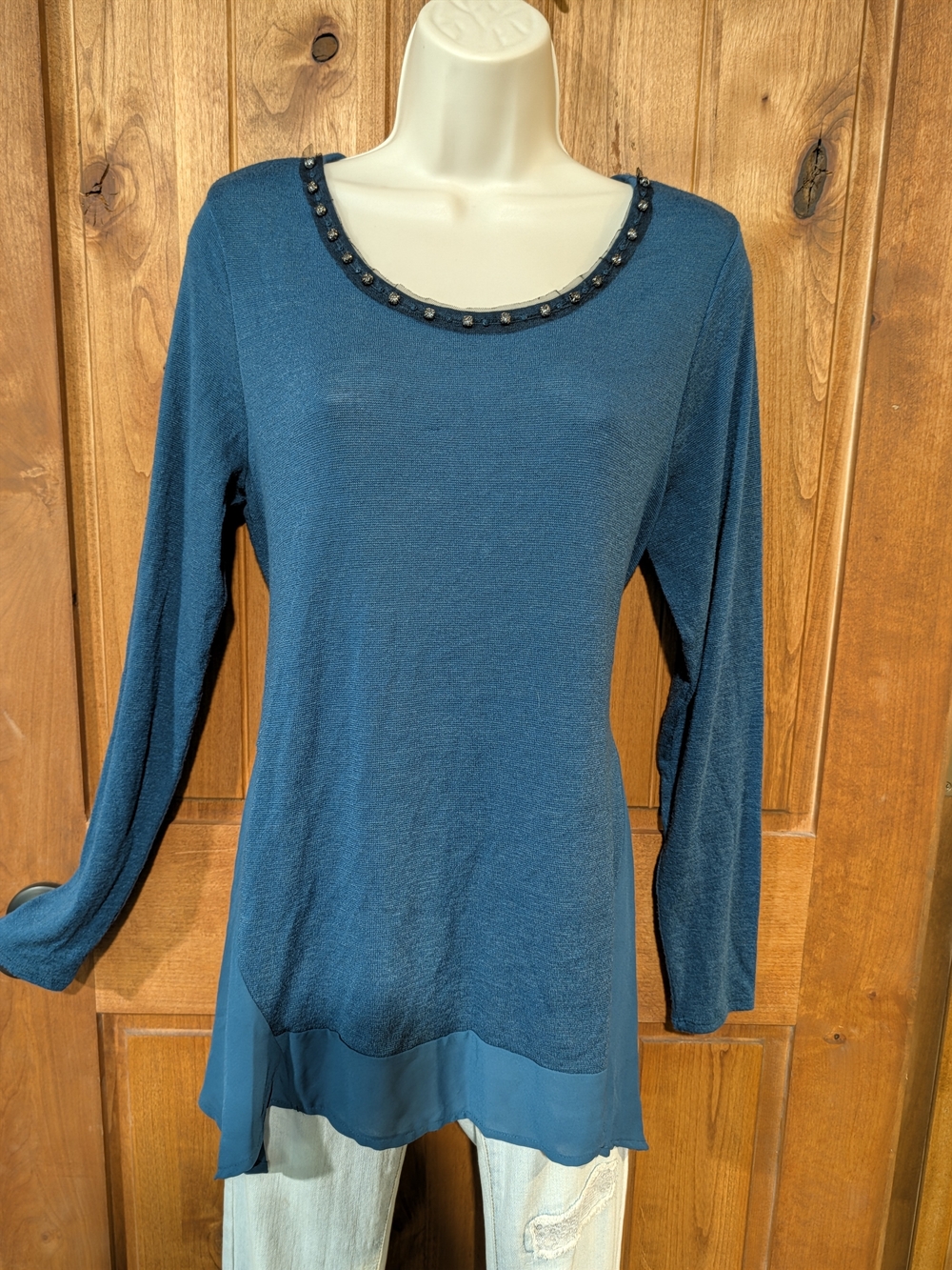 Simply Vera Wang Teal Long-Sleeve Top with Beaded Trim & Asymmetrical Hem